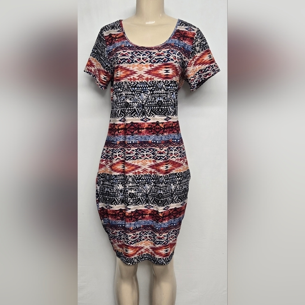 Hot Kiss 2X Dress Body Hugging Fit Scoop Neck Short Sleeve Southwestern Stretch
